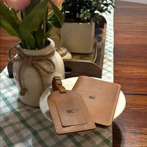 Monogrammed Tan Leather Passport Cover & Luggage Tag Set